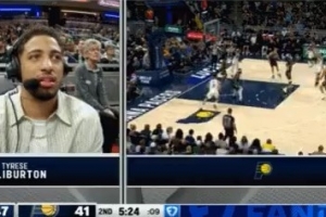 場(chǎng)邊哈利伯頓都無(wú)奈了！庫(kù)里三分彈進(jìn)&急停跳投連拿5分