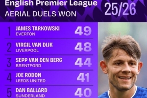 英超成功爭(zhēng)頂榜：范戴克第二，巴拉德、德里赫特、加布里埃爾在列