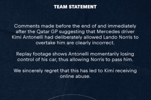 紅牛官方聲明：關(guān)于安東內(nèi)利故意讓諾里斯超越的言論是錯(cuò)誤的
